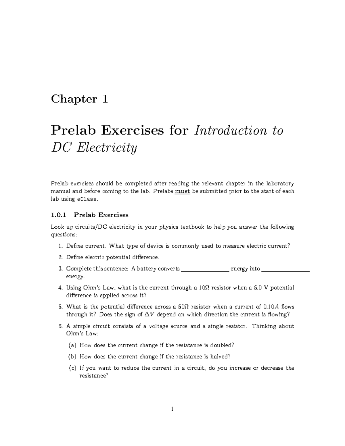 1P - Introduction to DC Electricity PHYS14xx - Chapter 1 Prelab ...