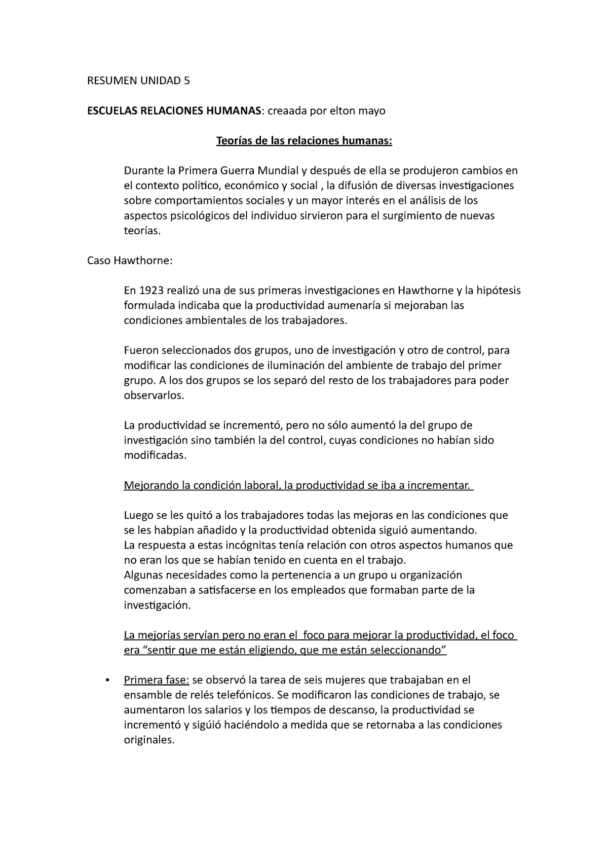 Resumen Unidad 5 - RESUMEN UNIDAD 5 ESCUELAS RELACIONES HUMANAS ...