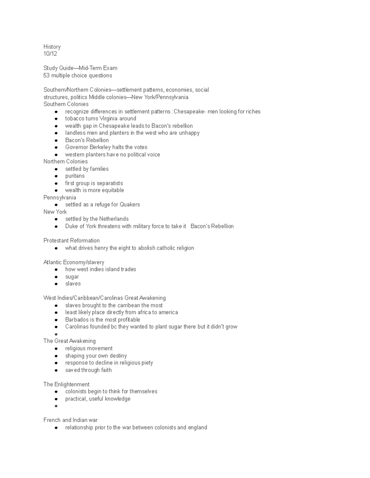 History 10 12 1301 - History 10/ Study Guide—Mid-Term Exam 53 multiple ...