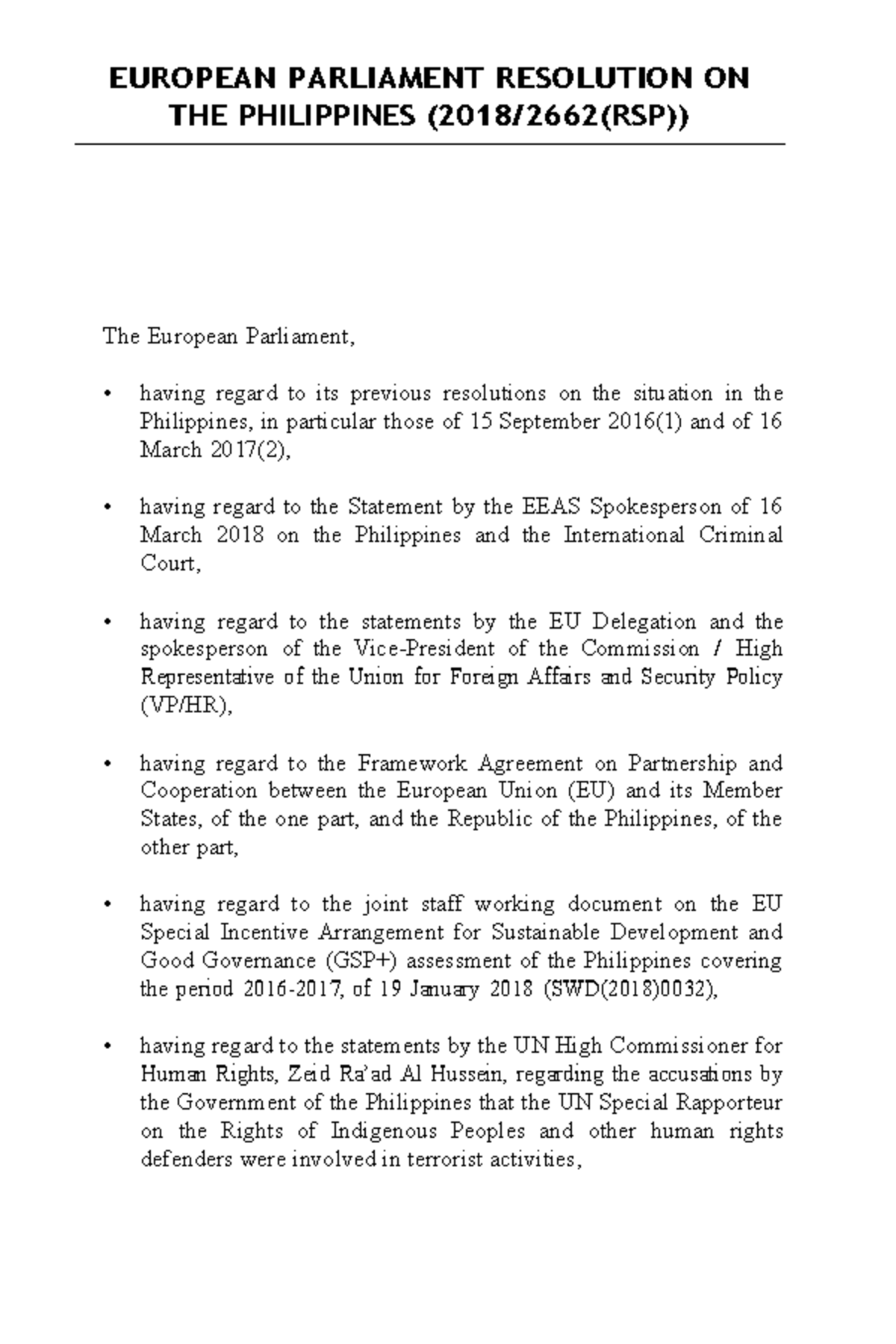 European Parliament Resolution ON THE Philippines - EUROPEAN PARLIAMENT ...