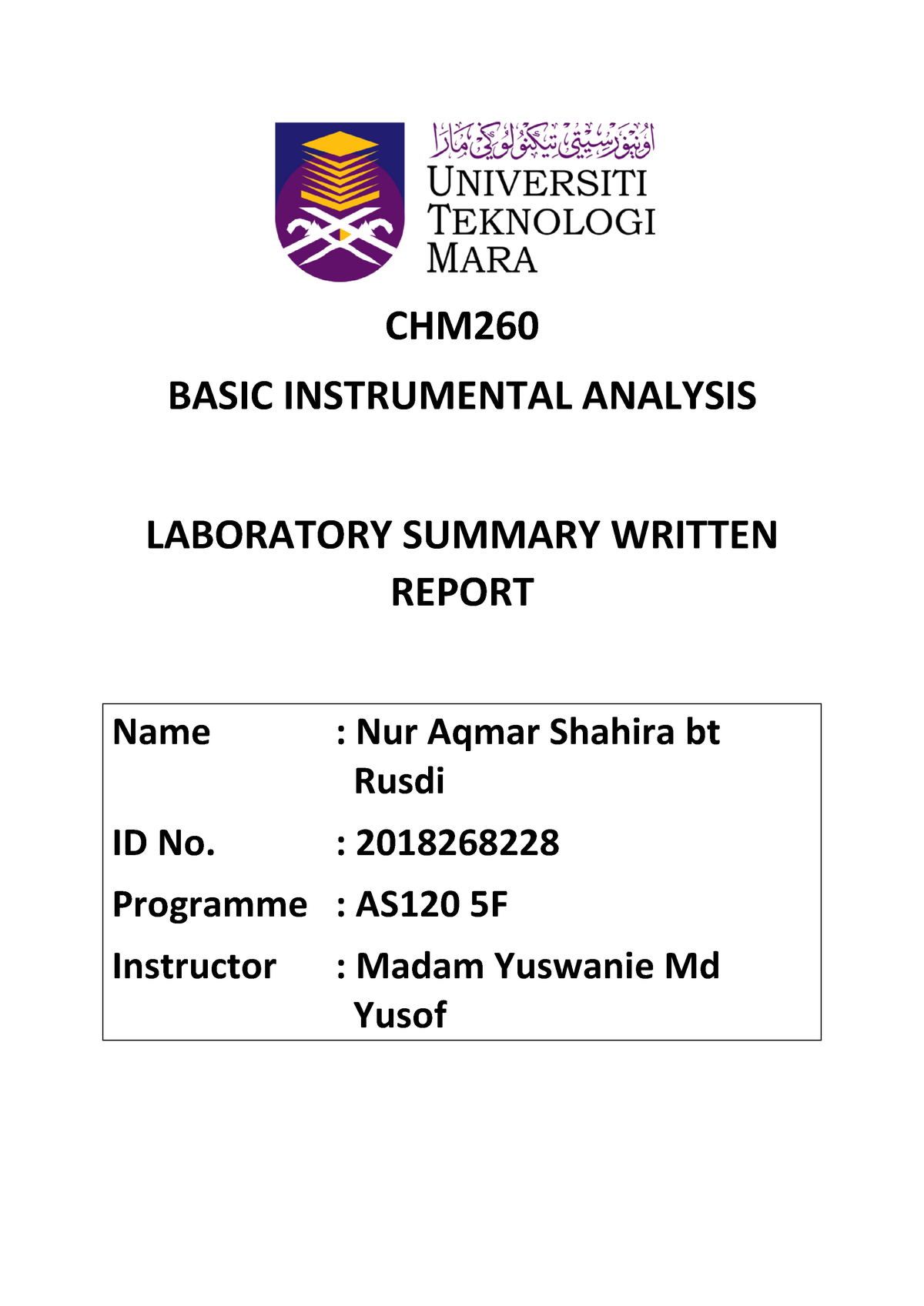 SWRexp 2 CHM260 - CHM BASIC INSTRUMENTAL ANALYSIS LABORATORY SUMMARY ...