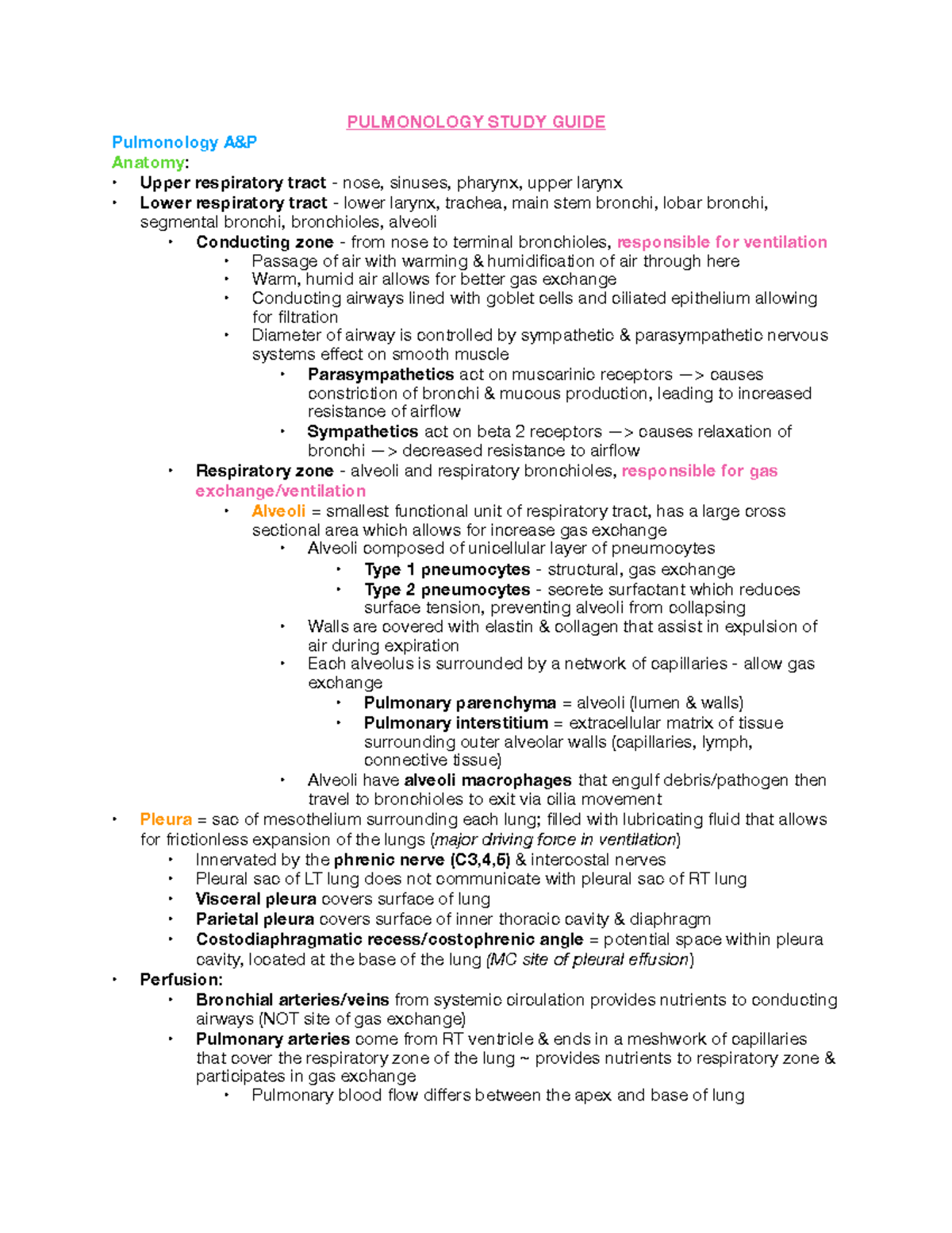 Pulmonology Final Exam Review PULMONOLOGY STUDY GUIDE Pulmonology A&P