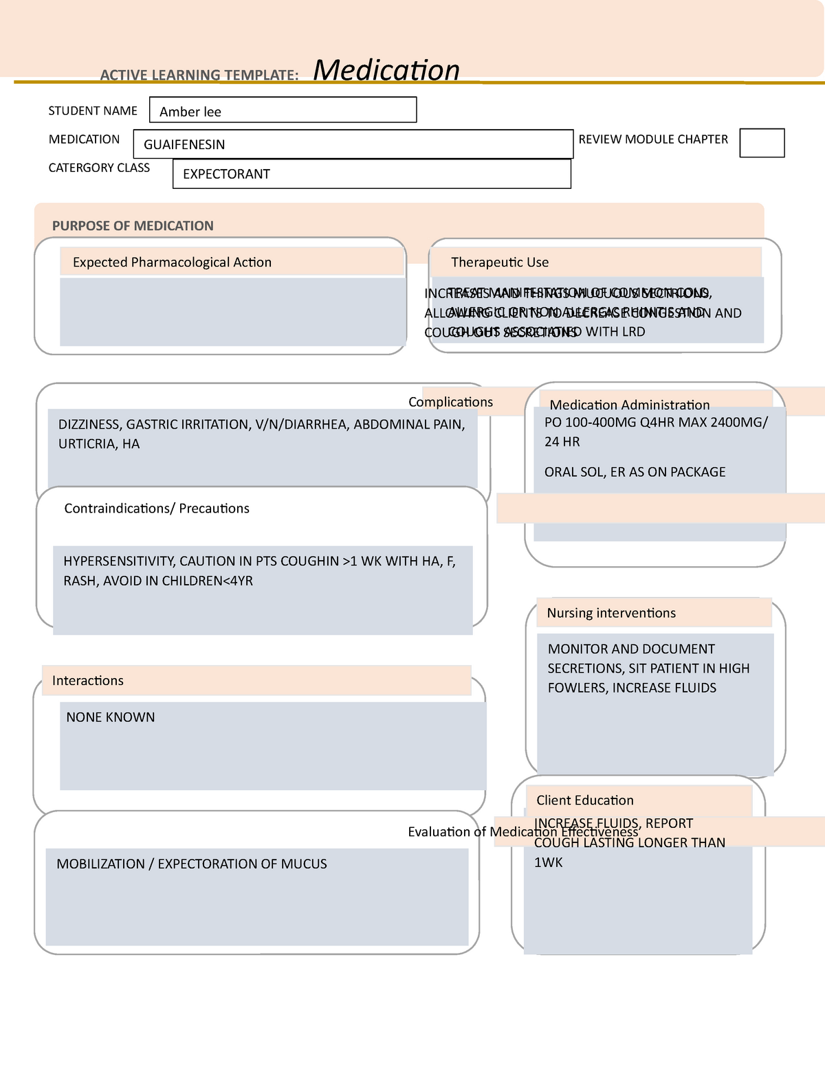 Guaifenesin Med Card ATI ACTIVE LEARNING TEMPLATE: Medication STUDENT