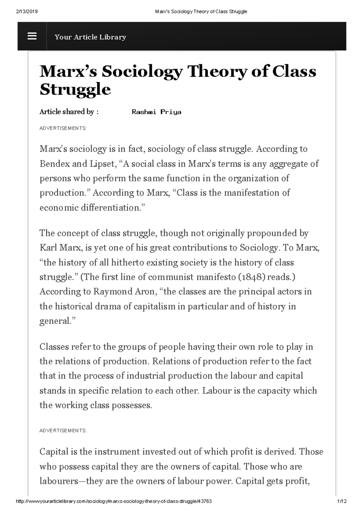 Marx’s Sociology Theory of Class Strugglepagesdeleted Your Article LibraryYour Article Studocu