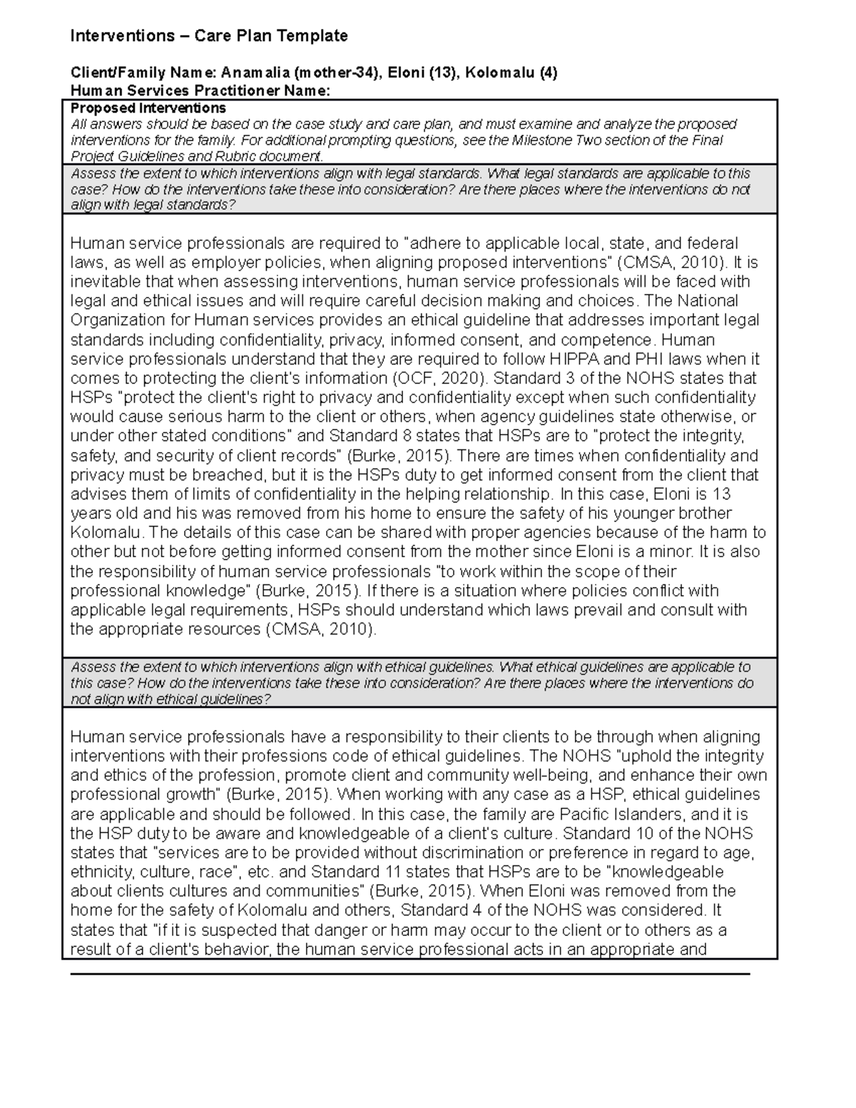 FPM2 Care Plan Interventions - HSE315 - SNHU - Studocu