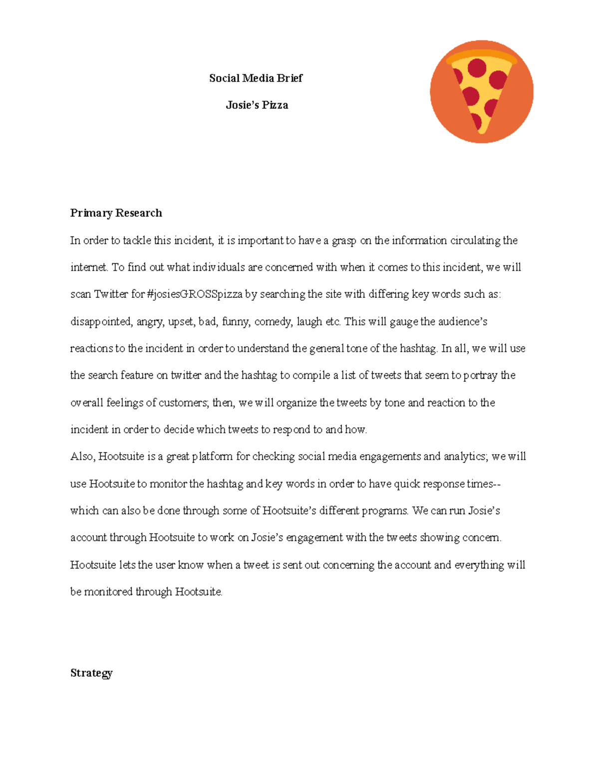 Social Media Brief Example - Social Media Brief Josie’s Pizza Primary ...