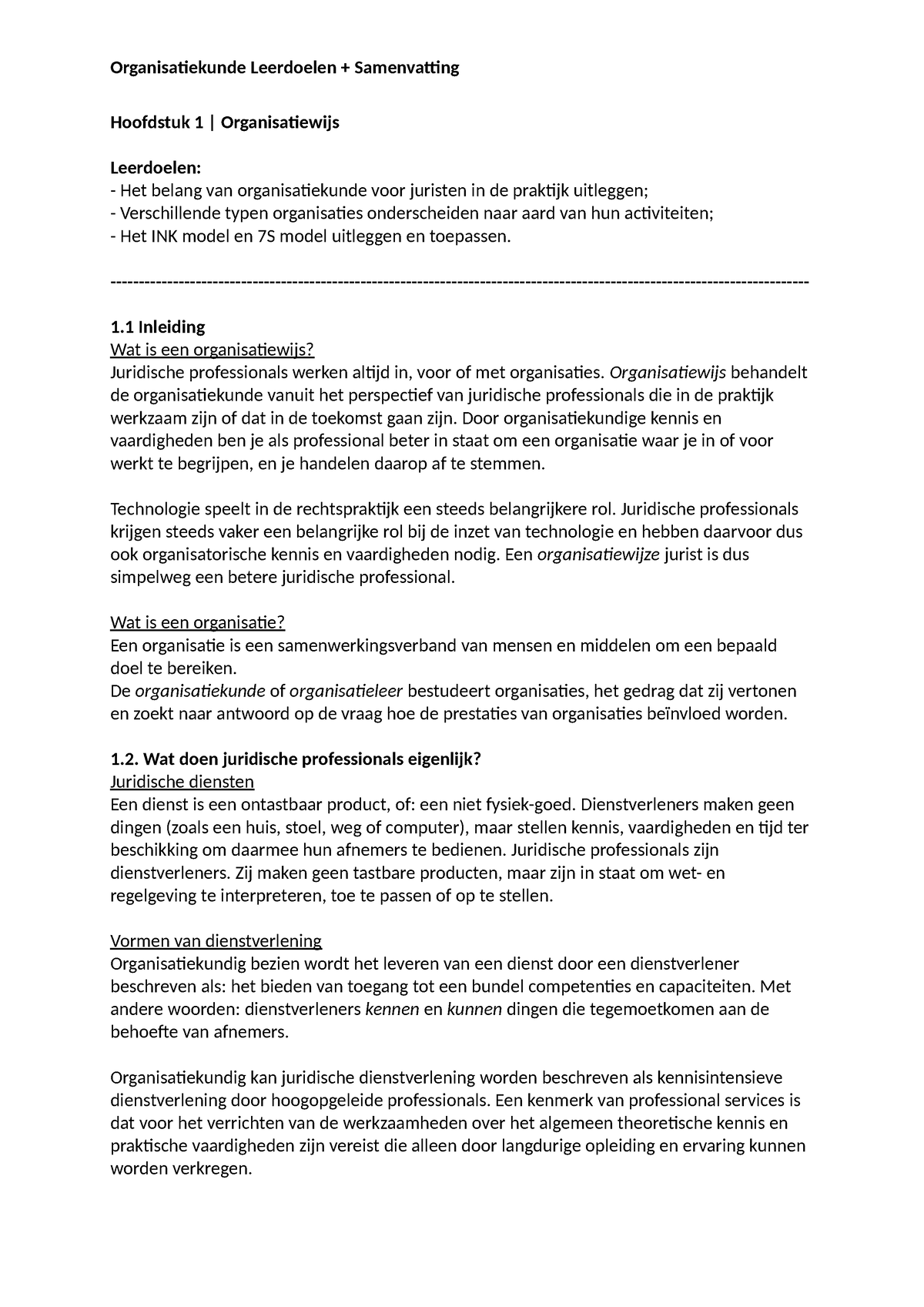 Leerdoelen + Samenvatting - Organisatiekunde - Organisatiekunde ...