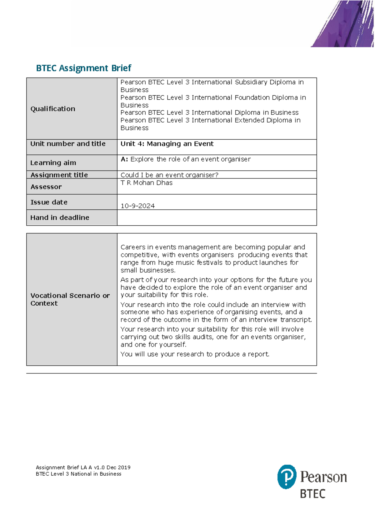 Unit 4 Managing an Event AAB Learning Aim A Version 1 Dec 2019 docx ...