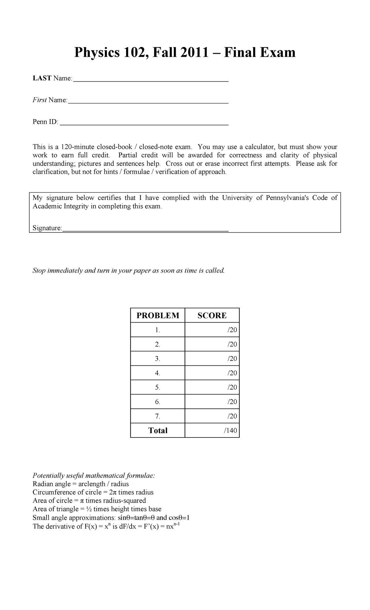 Final Exam F11 - Physics 102, Fall 2011 – Final Exam LAST Name: First ...