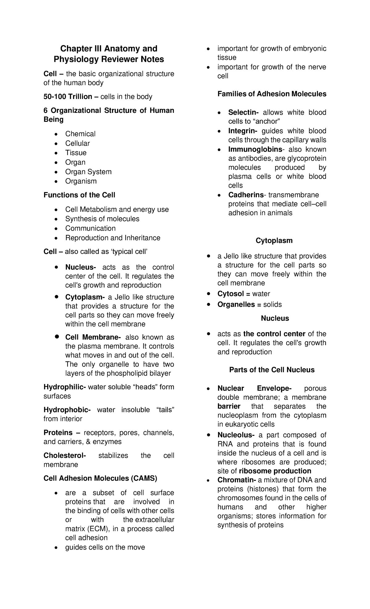 The Cell Reviewer Notes - Chapter III Anatomy and Physiology Reviewer ...