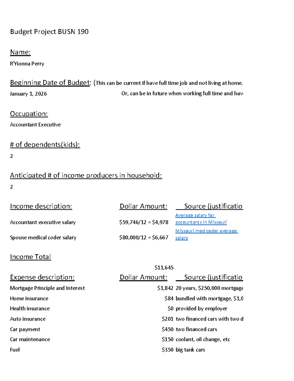 Budget Project blank RP - Budget Project BUSN 190 Name: R'Yionna Perry  Beginning Date of Budget: - Studocu