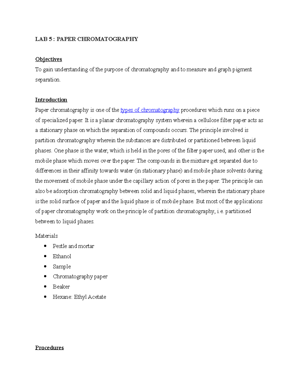 Lab 5 aaaaa LAB 5 PAPER CHROMATOGRAPHY Objectives To gain