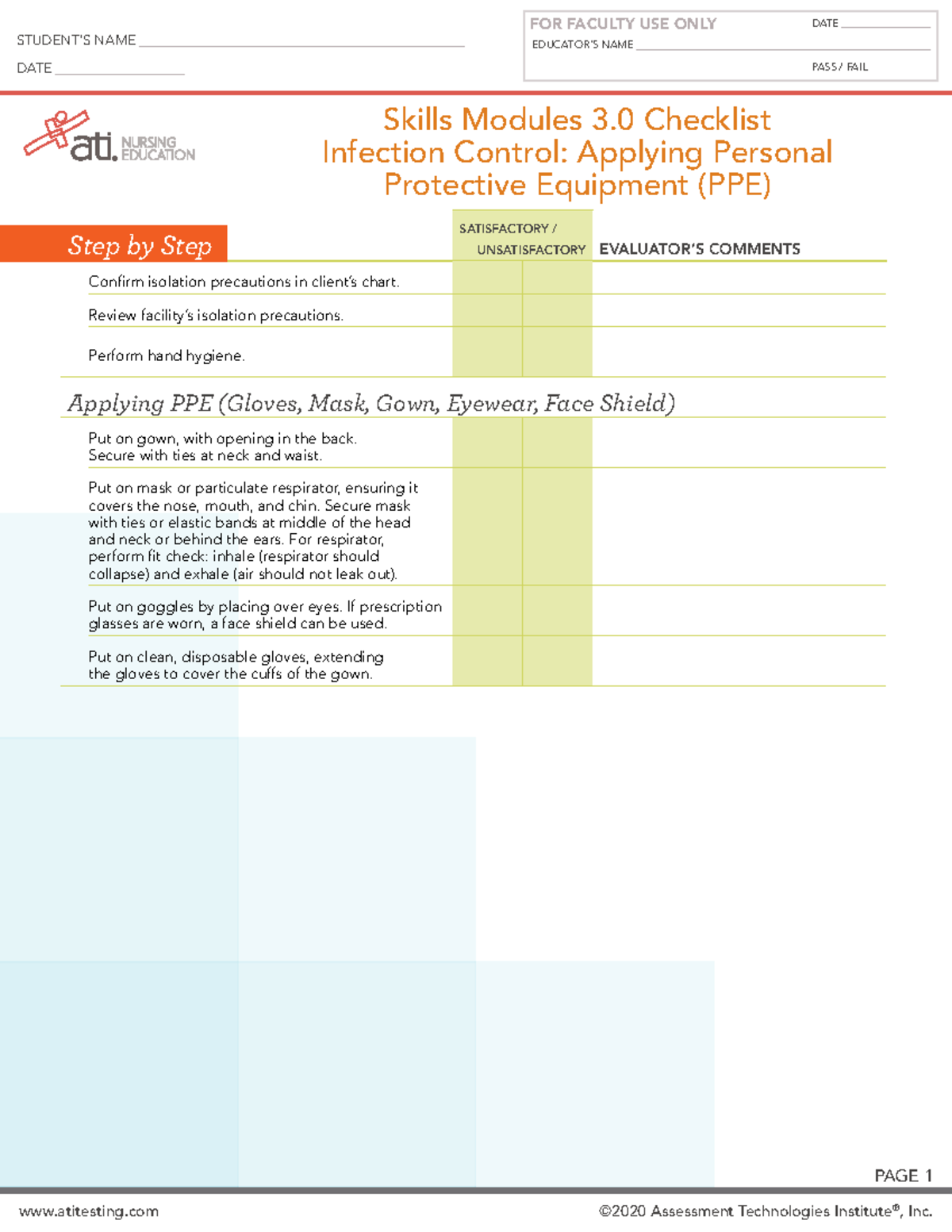 Ati Infection Control Applying PPE checklist EDUCATOR IMPLEMENTATION