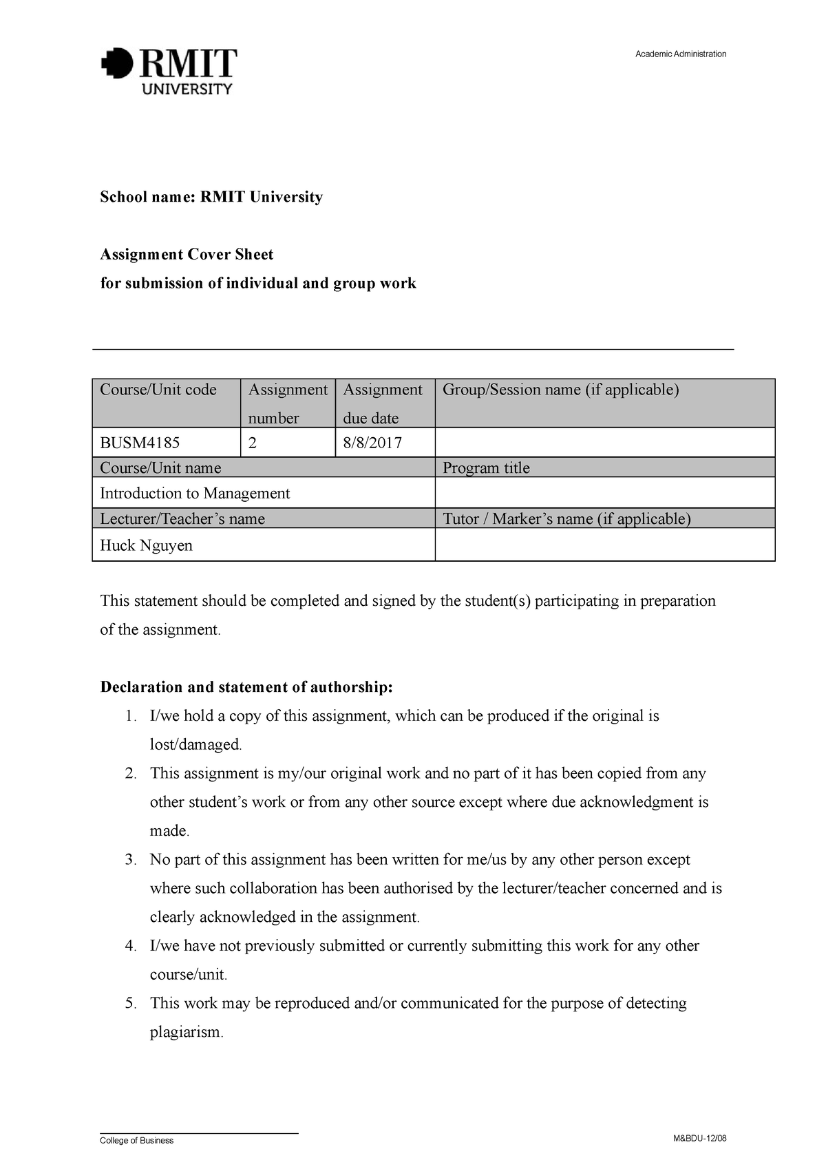 assignment cover sheet rmit