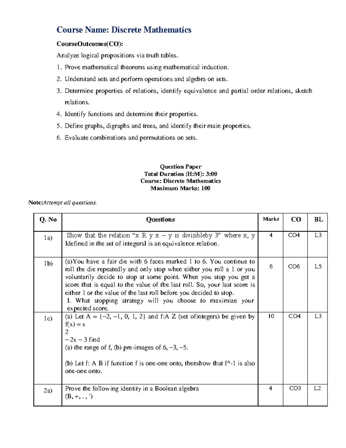 Discrete-Mathematics - Course Name: Discrete Mathematics CourseOutcomes ...