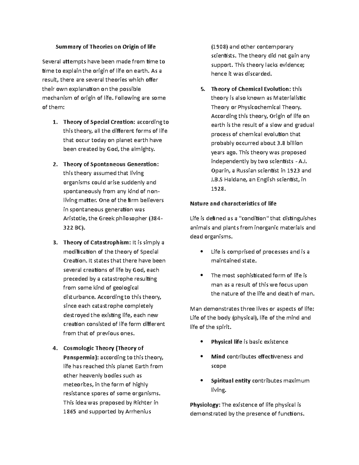 Theories On Origin Of Life Summary Of Theories On Origin Of Life