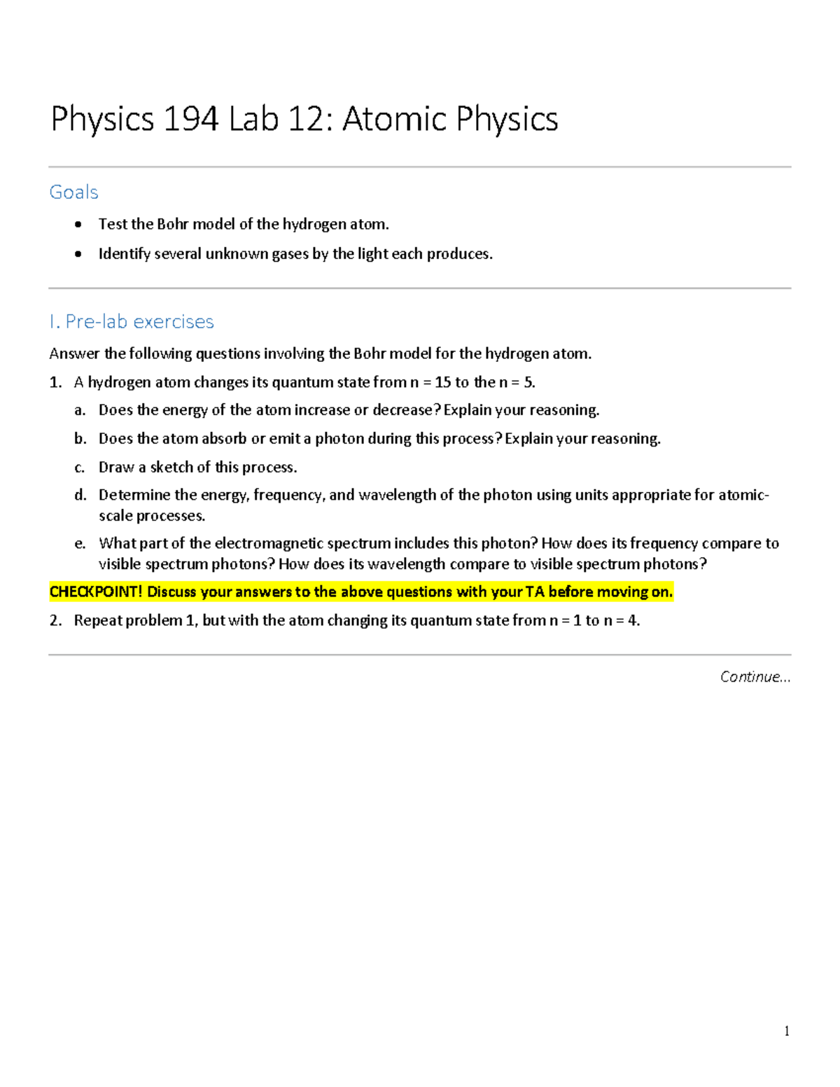 194LAB12 Extended physics lab 12 Physics 194 Lab 12 Atomic Physics