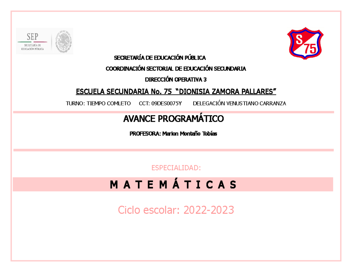 Avance Ejemplo - SECRETARÍA DE EDUCACIÓN PÚBLICA COORDINACIÓN SECTORIAL