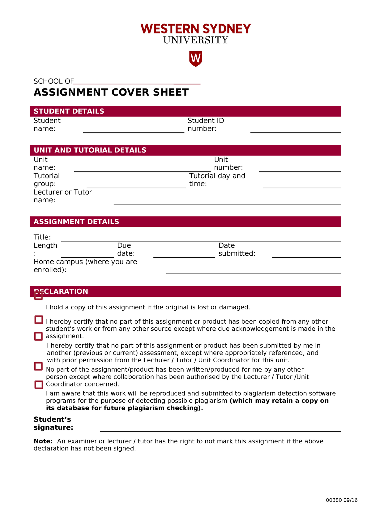 00380 0916 Assignment cover sheet- Fillable online - SCHOOL OF ...