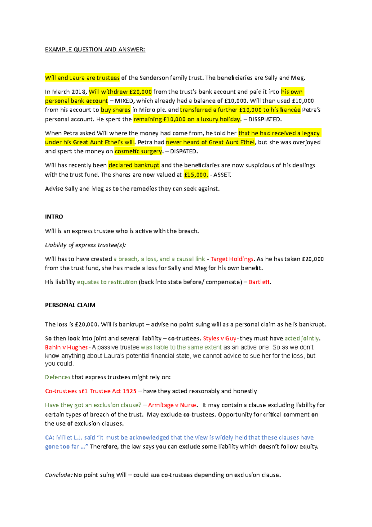 E.G. answer plan to breach - EXAMPLE QUESTION AND ANSWER: Will and ...