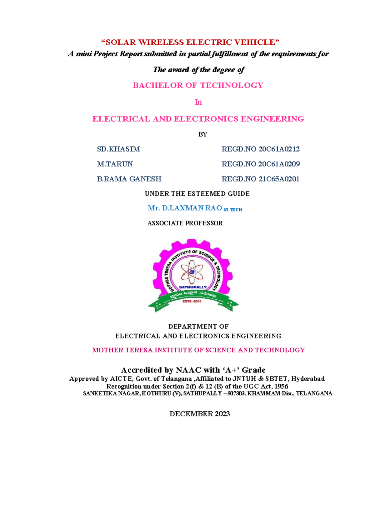 Solar Wireless Electric Vehicle 1 Certificate SSD “SOLAR WIRELESS