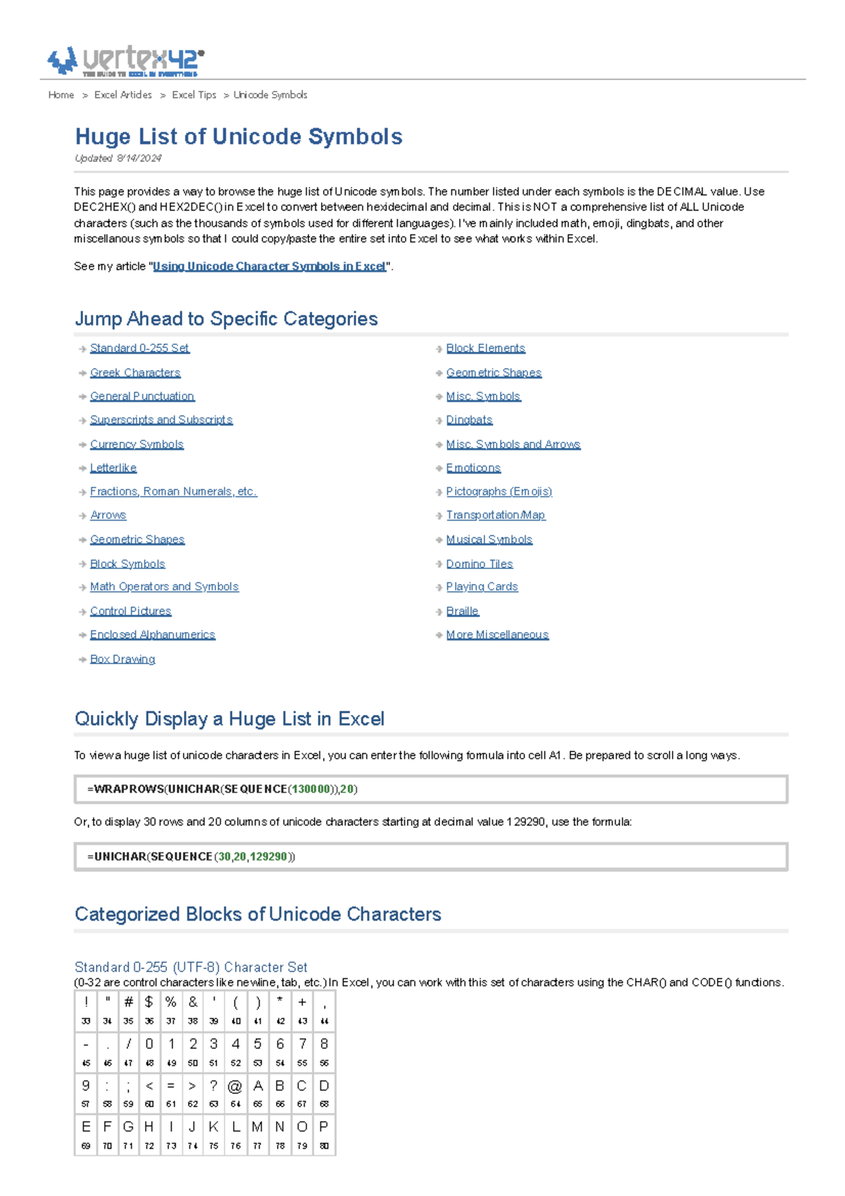 Huge List of Unicode Character Symbols - Home > Excel Articles > Excel ...
