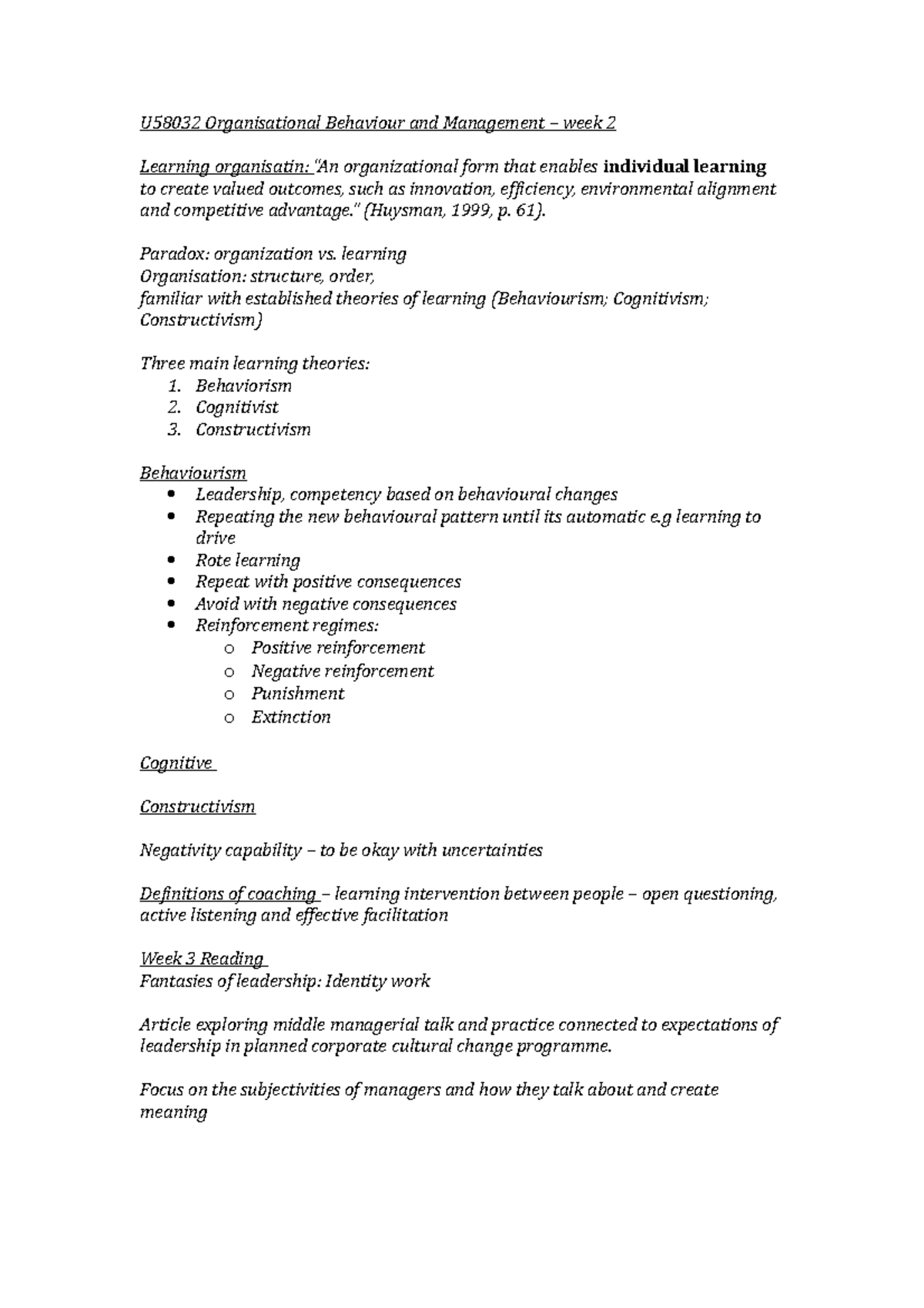 Organisational Behaviour lecture 2 notes - U58032 Organisational ...