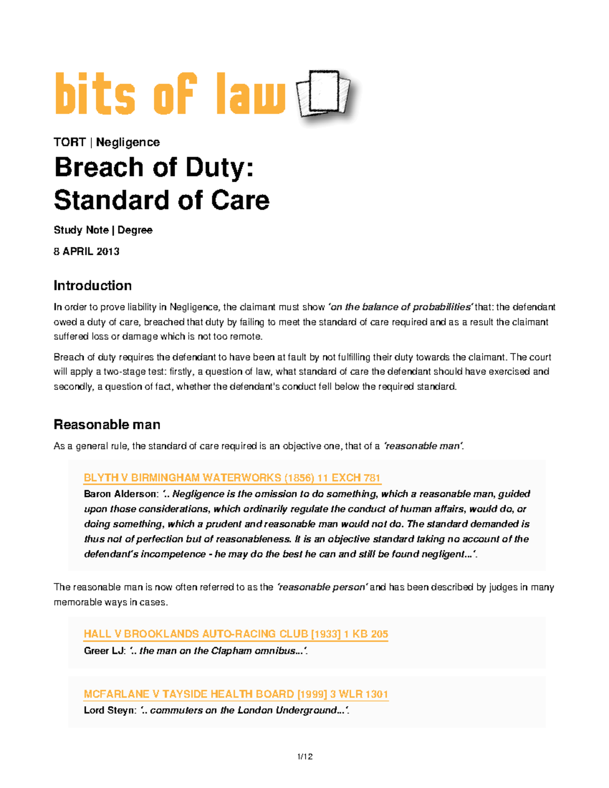 Breach of duty standard reasonable care - bits of law TORT | Negligence ...