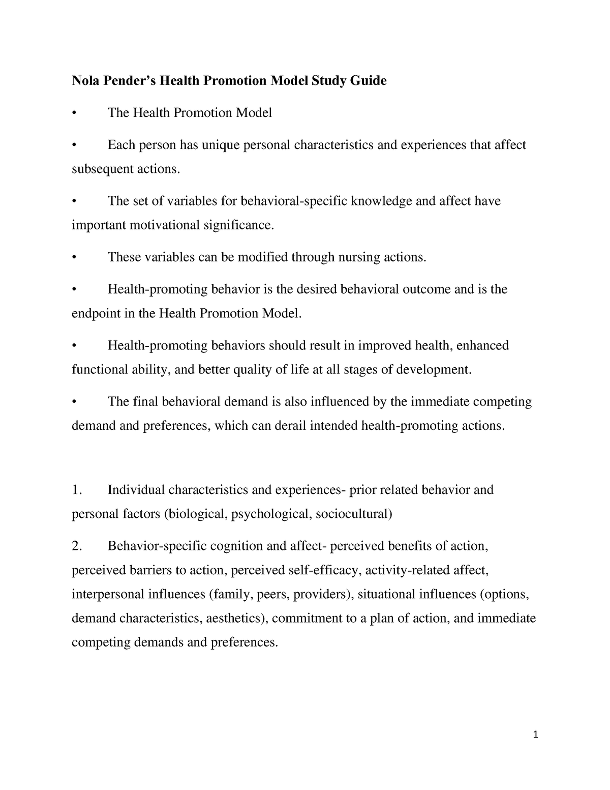 pender's health promotion model essay