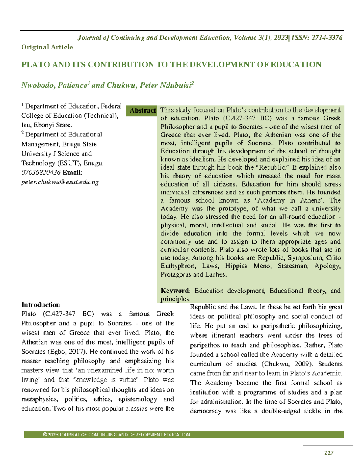 Plato+AND+ITS+ Contribution+TO+THE+ Development+OF+ Education - Journal ...