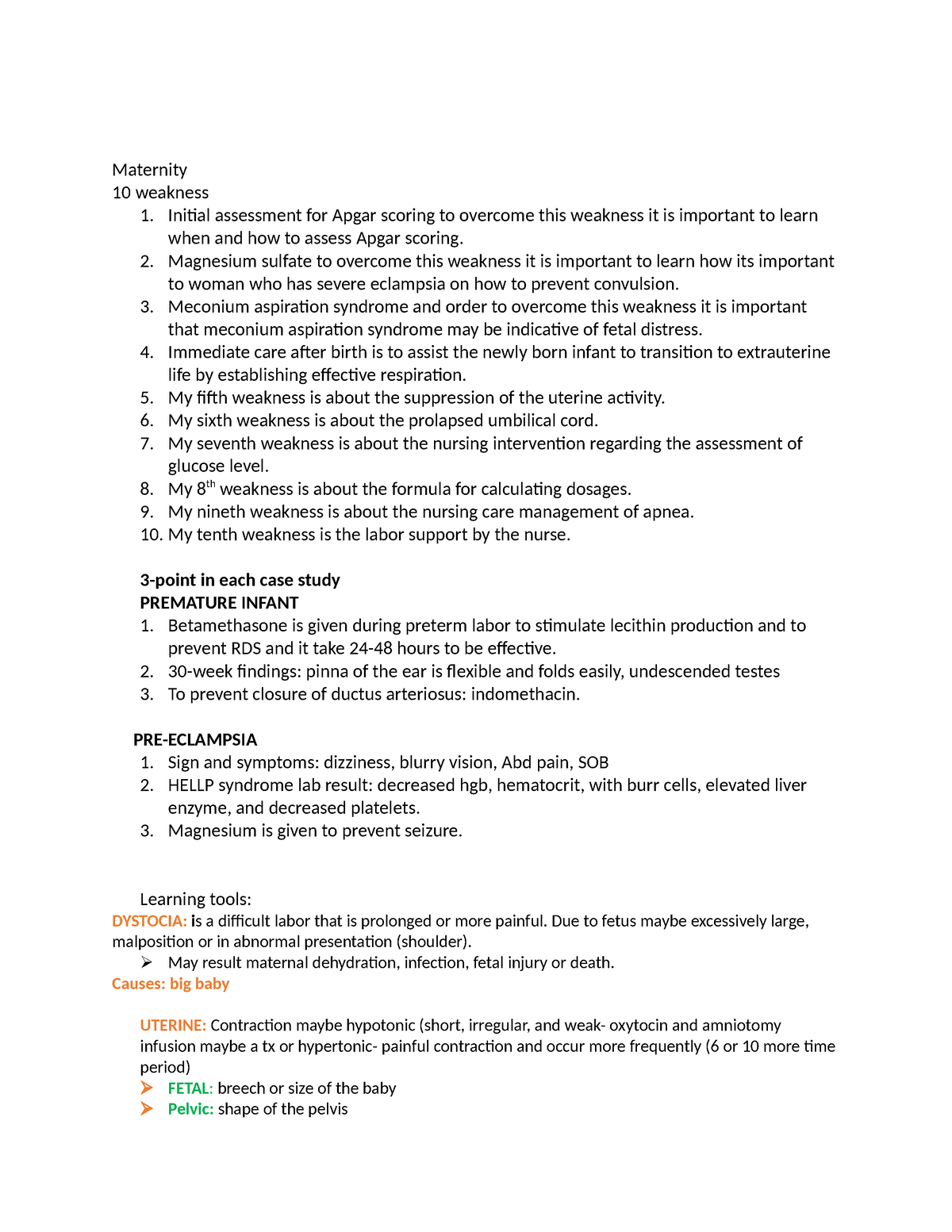 Maternity remediation - Maternity 10 weakness 1. Initial assessment for ...