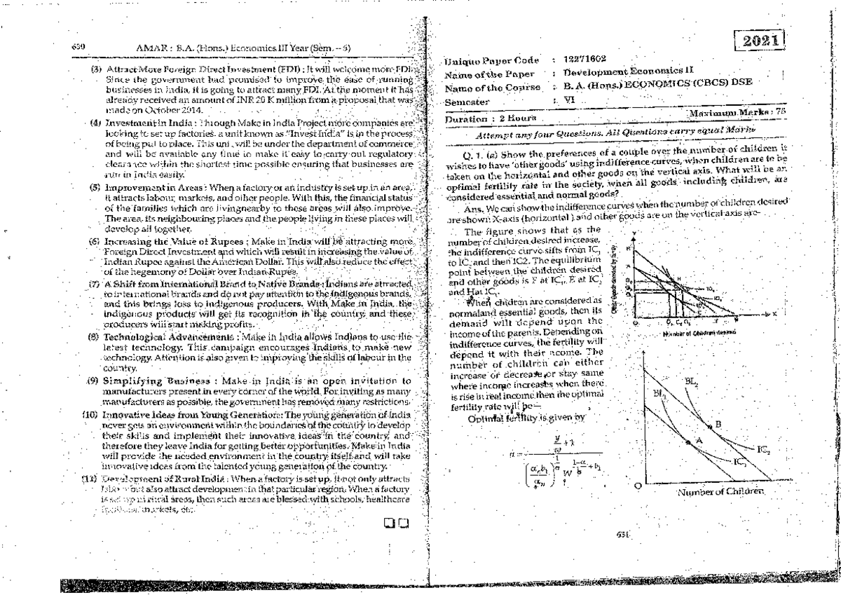 2021 past year - development paper - B.A. Economics (Hons.) - Studocu