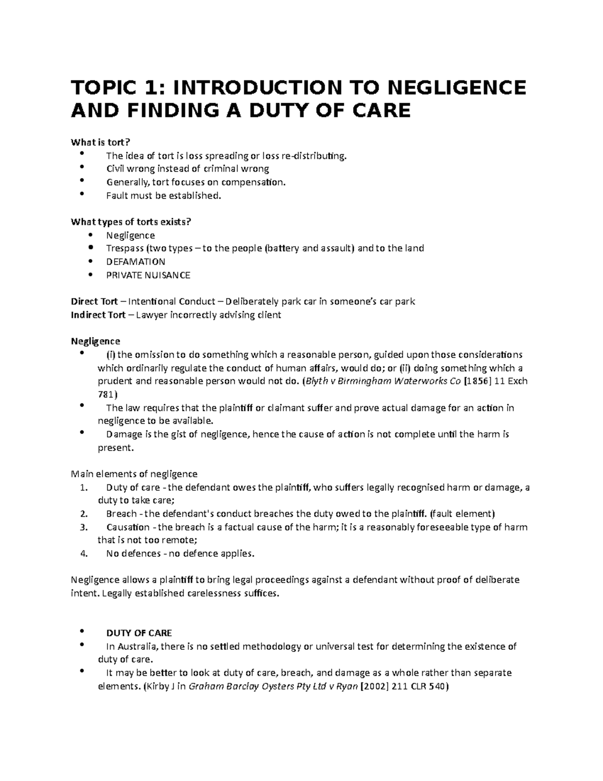 Torts Law - Lecture Notes - TOPIC 1: INTRODUCTION TO NEGLIGENCE AND ...