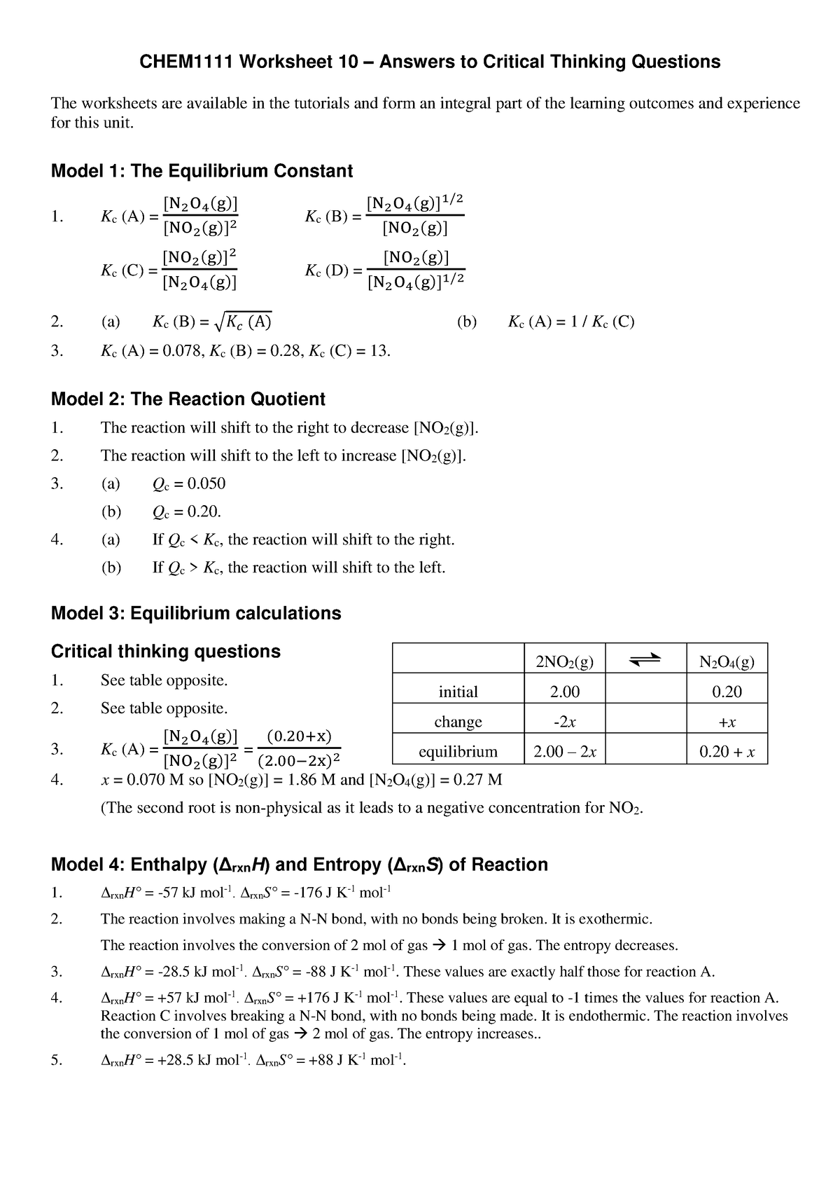 Tutorial 10 - Answers-1 - CHEM1111 Worksheet 10 – Answers to Critical ...