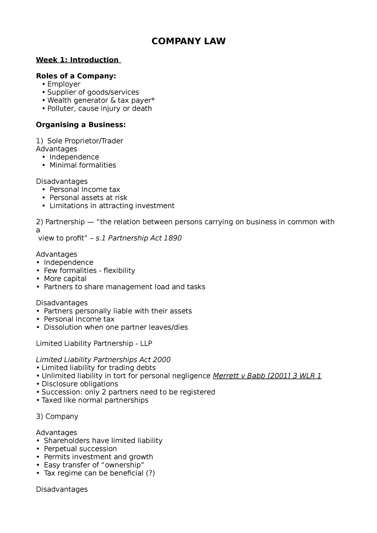 Company Law Exam Notes COMPANY LAW Week 1 Introduction Roles Of A 