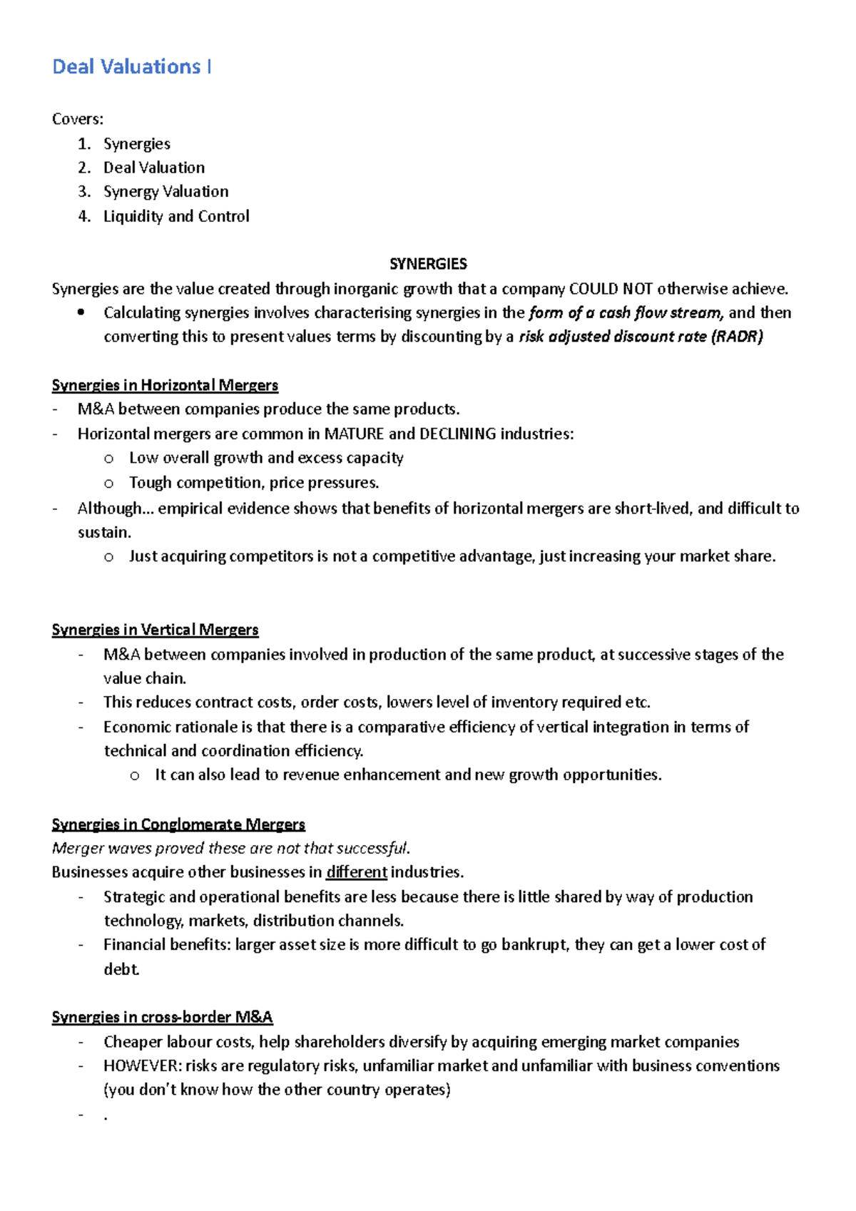 M&A Lecture 5 Notes - Deal Valuations I Covers: 1. Synergies 2. Deal ...