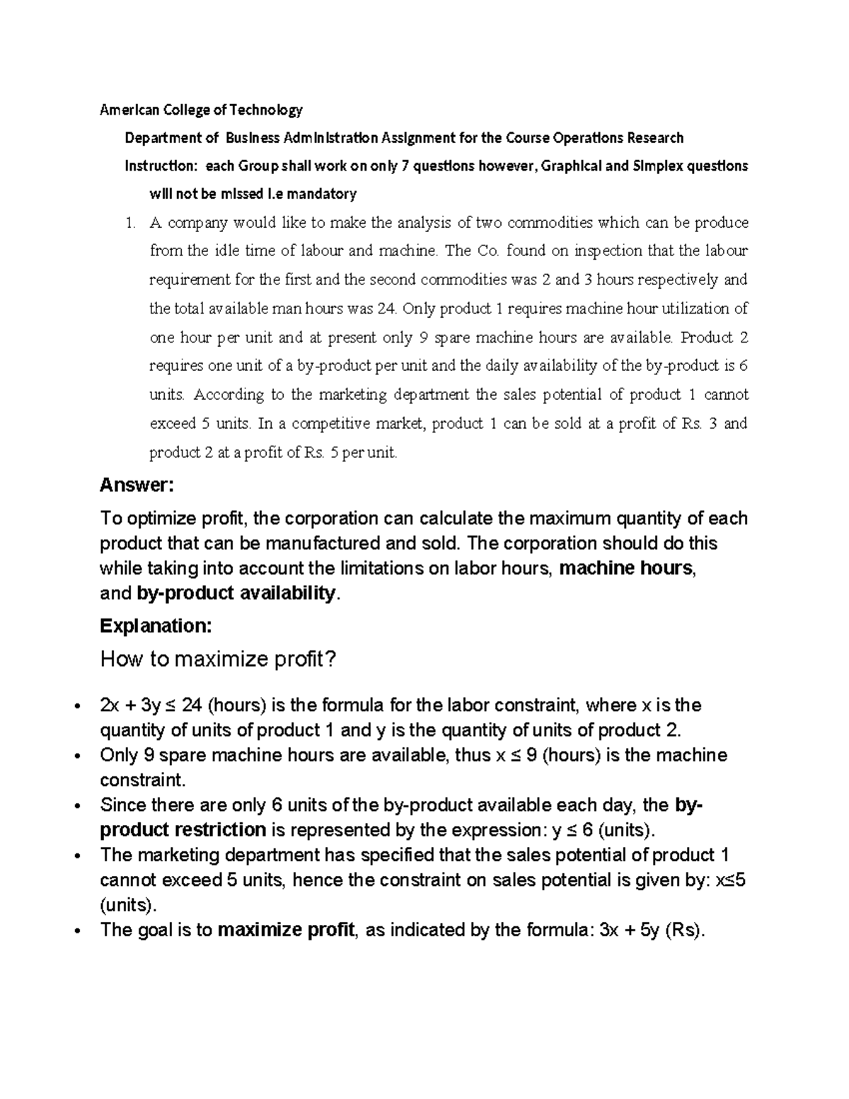 Qunatitative Analysis for Decisions assignment-1 - American College of ...