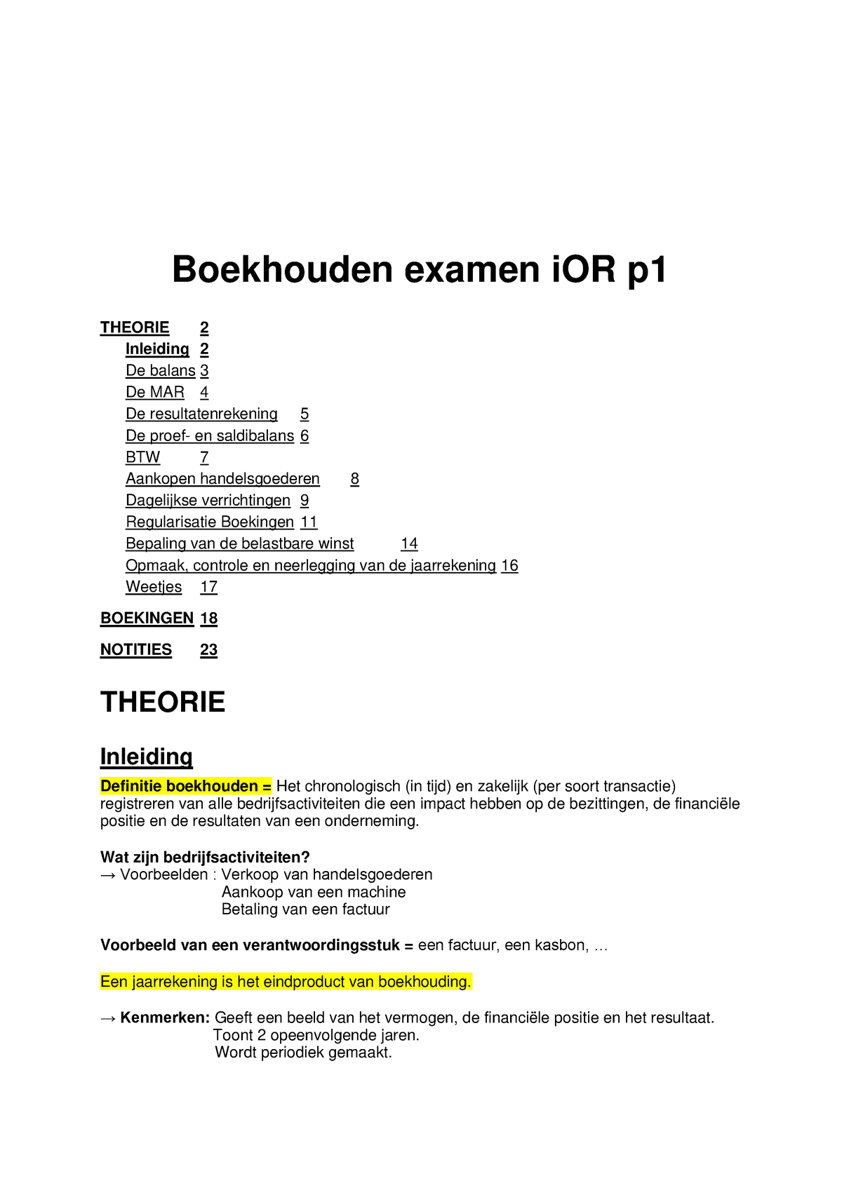 Boekhouden Examen I OR P1 - Boekhouden Examen IOR P THEORIE 2 Inleiding ...