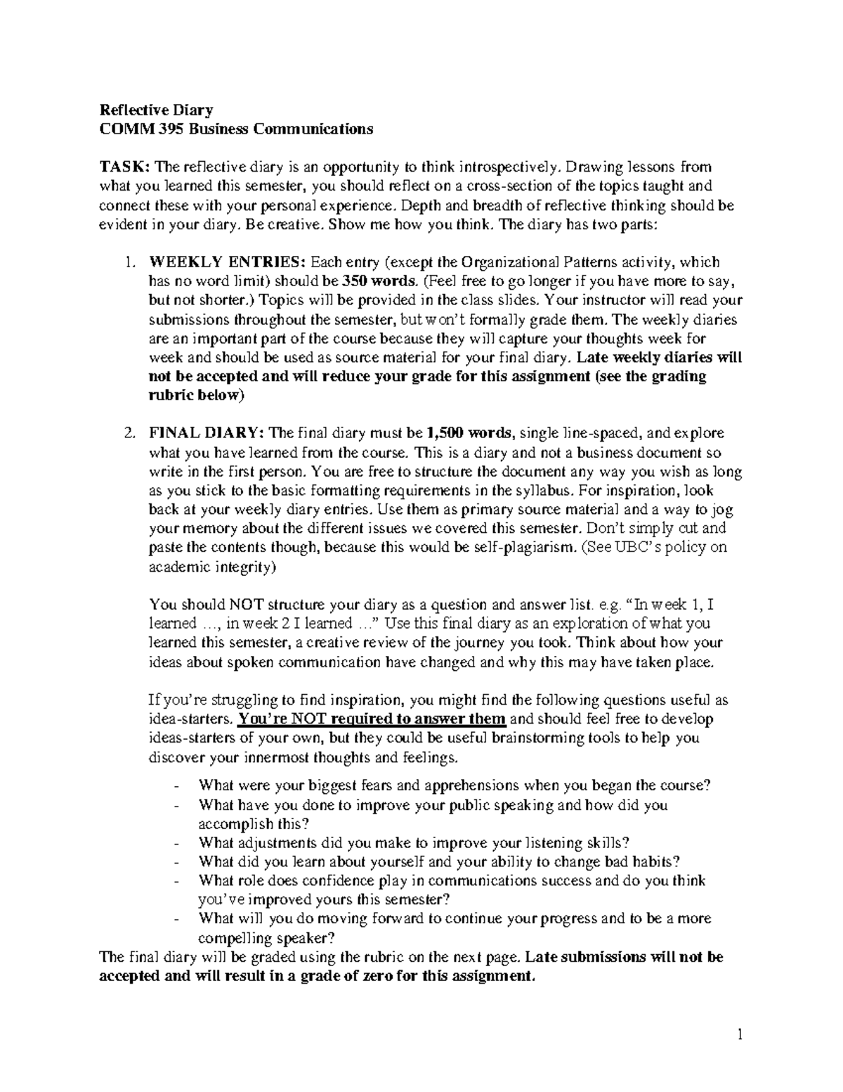 Diary Instructions - Reflective Diary COMM 395 Business Communications ...