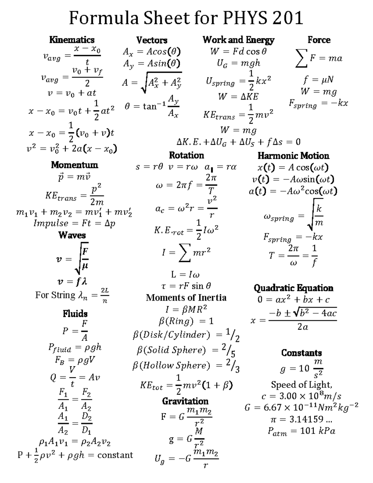 Formula Sheet 201 - Vectors 𝐴𝑥 = 𝐴𝑐𝑜𝑠 𝜃 𝐴𝑦 = 𝐴𝑠𝑖𝑛 𝜃 𝐴 = 𝐴𝑥 2 + 𝐴𝑦 2 𝜃 ...