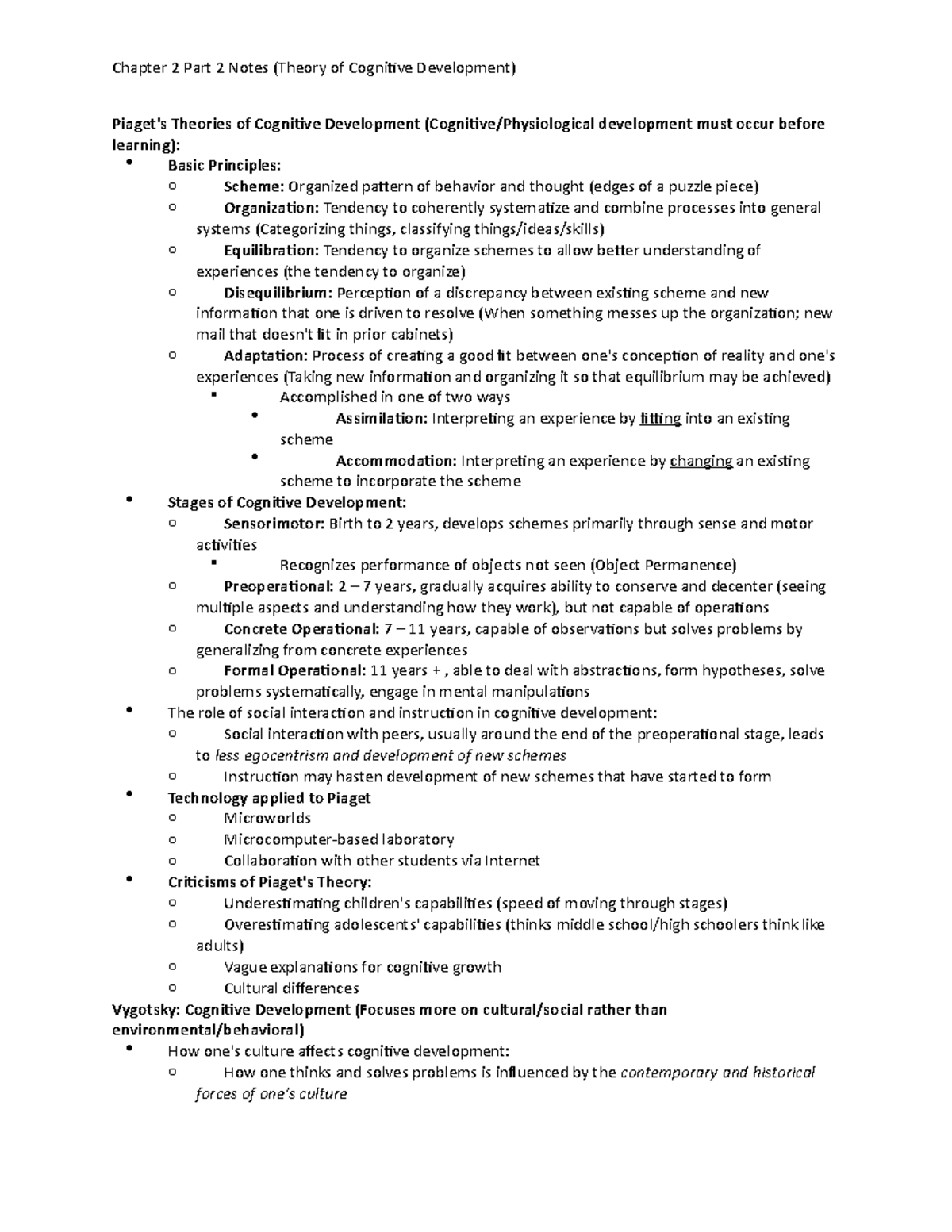 Chapter 2 Part 2 Notes - Covers Piaget and Vygotskys' theories of ...