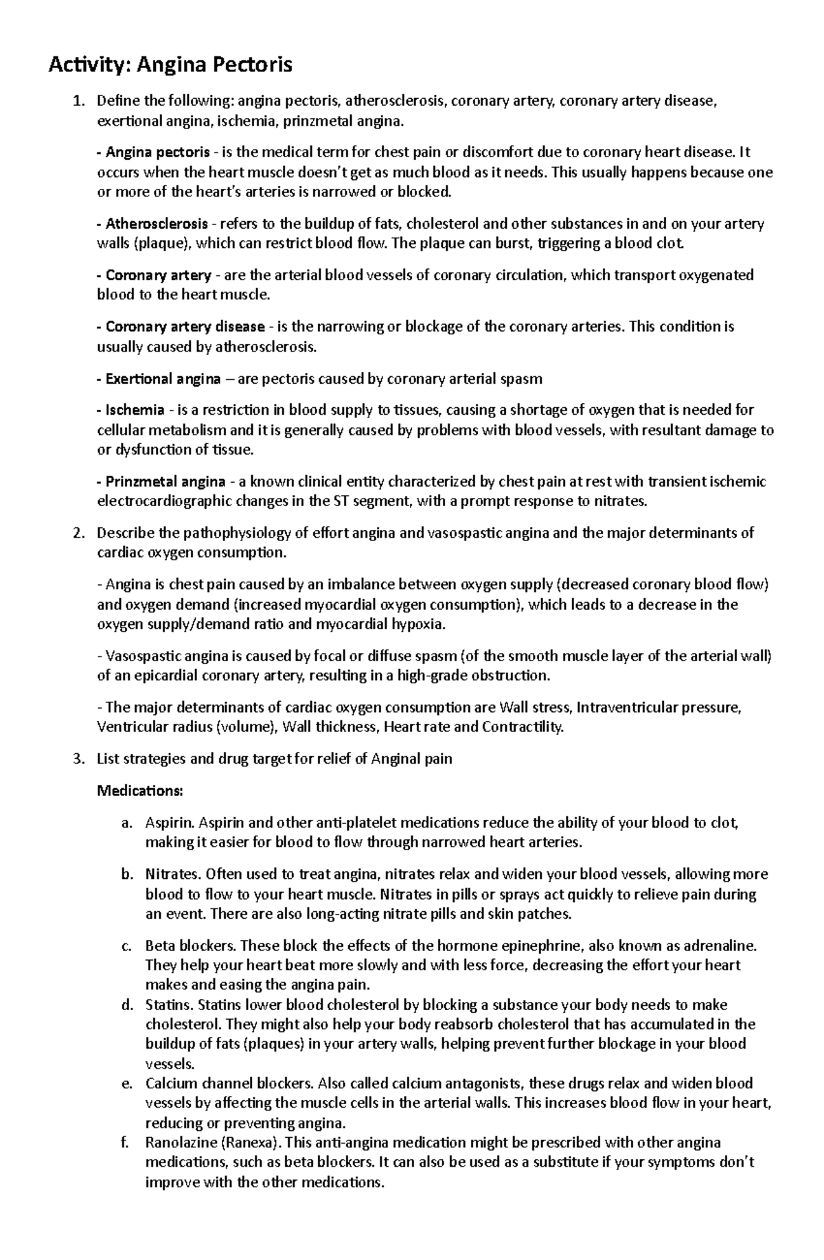 Pharmacology Activity (Angina Pectoris) - Studocu