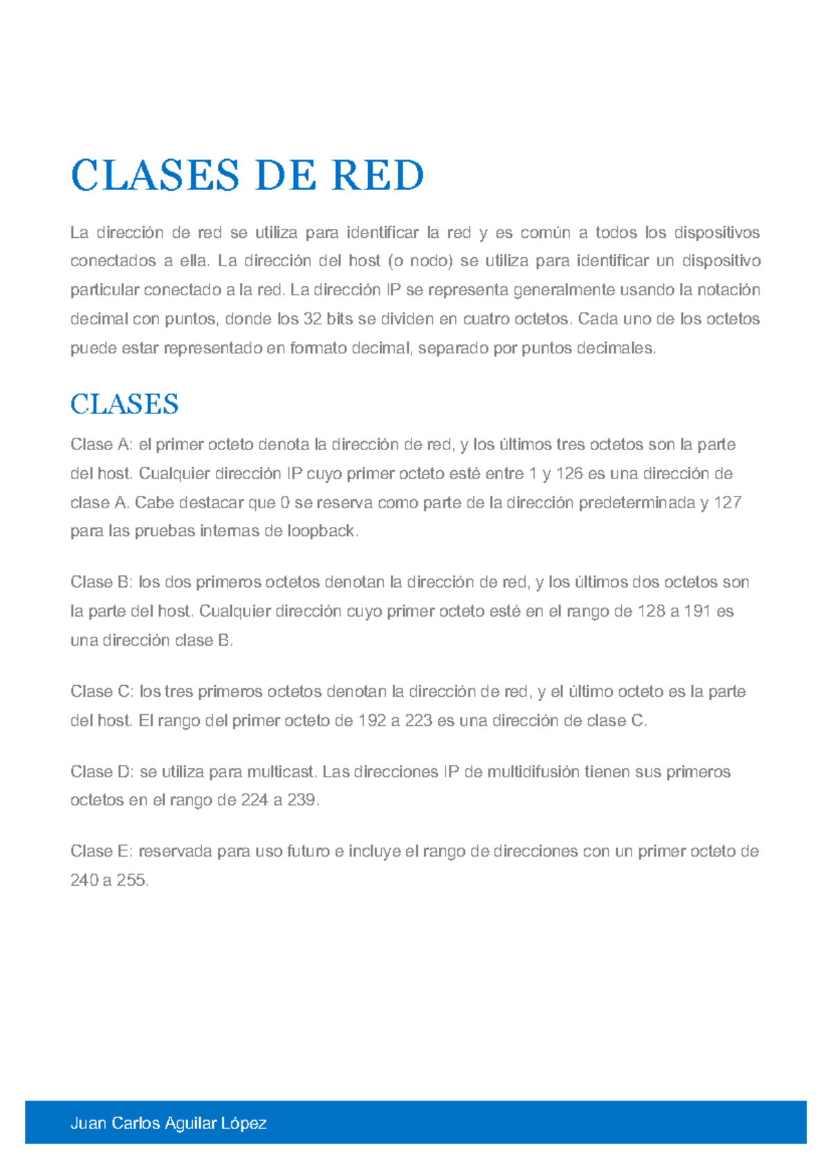 Informe clases de red - Juan Carlos Aguilar López CLASES DE RED La ...