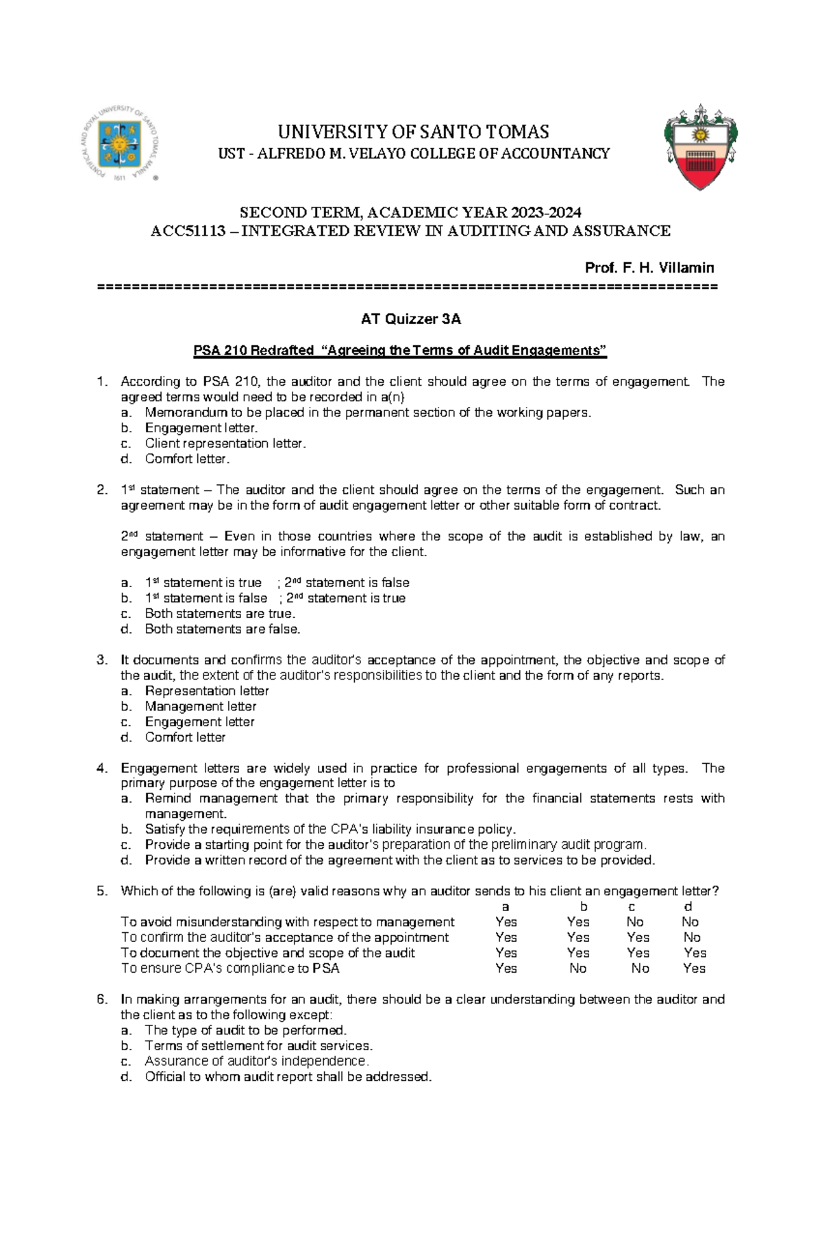 AT Quizzer 3A - Terms of Engagement T2AY2324 - SECOND TERM, ACADEMIC ...