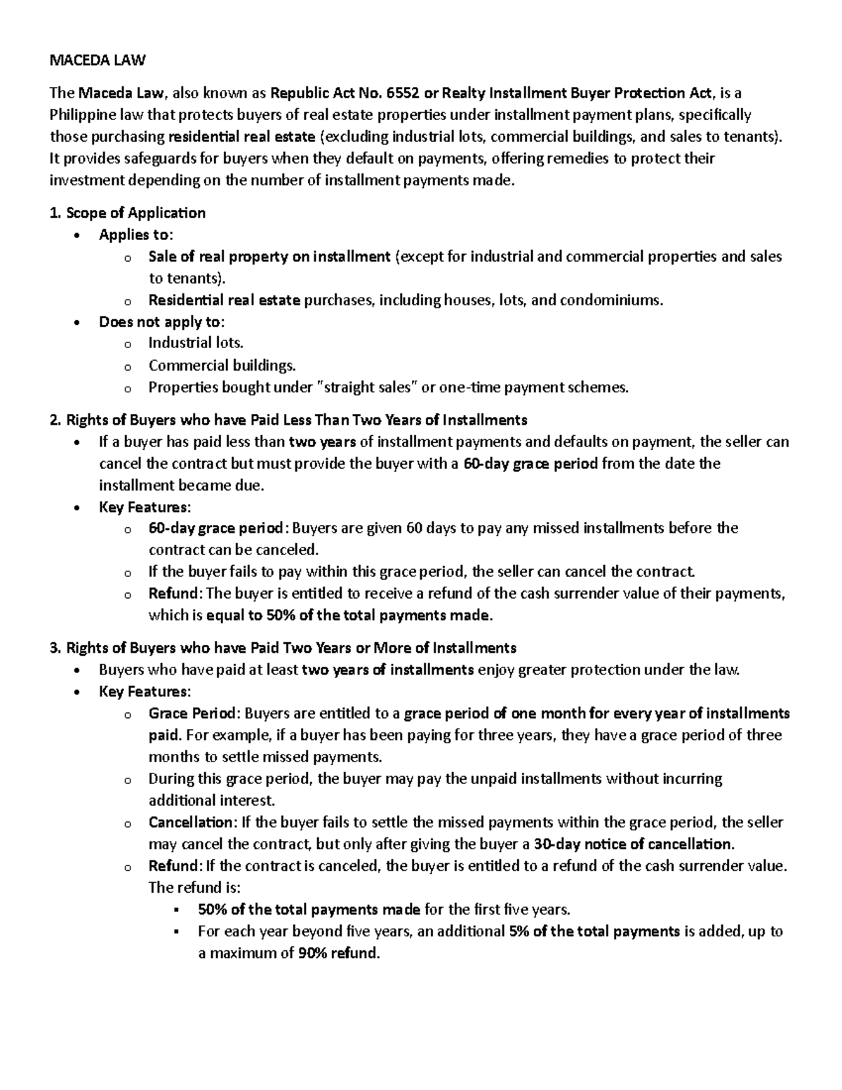 Maceda Law (R.A. 6552) - MACEDA LAW The Maceda Law, also known as ...