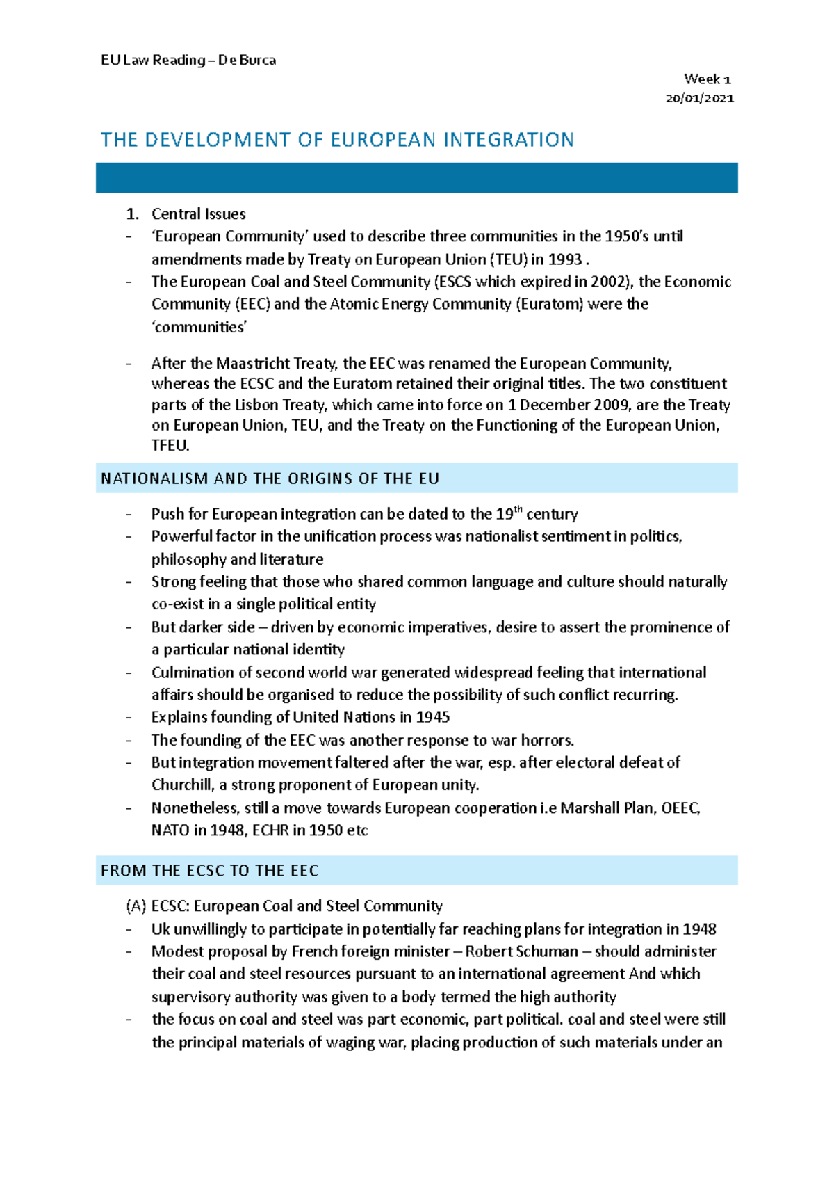 1 - European Integration - EU Law Reading – De Burca Week 1 20/01/ THE ...