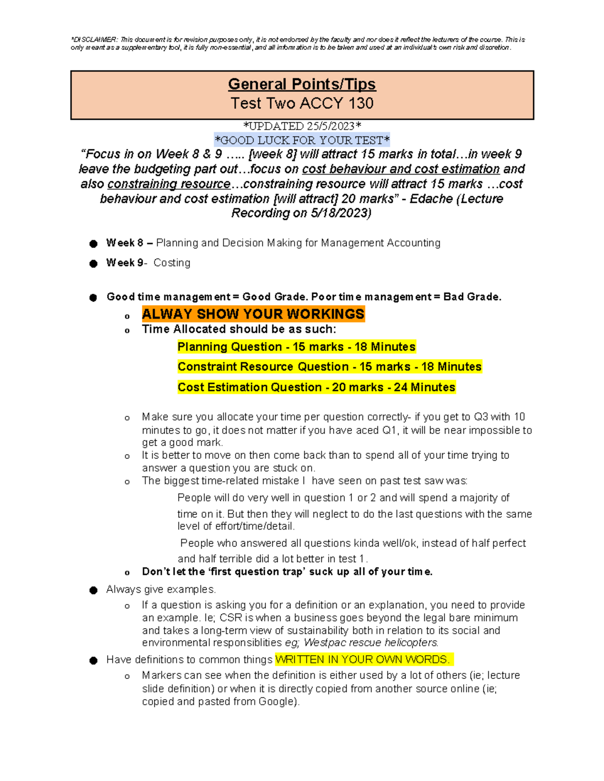 ACCY 130 -Test Two Revision Document -SEM 1 -2023 - only meant as a ...