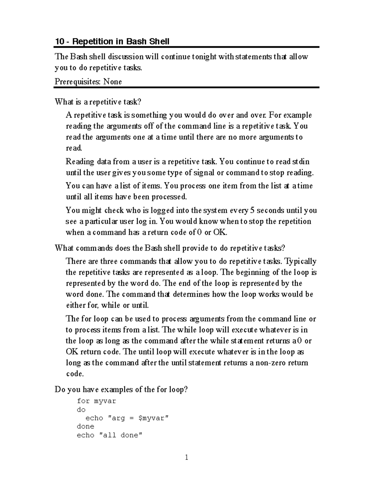 Session 10 - Lecture notes 10 - The Bash shell discussion will continue ...