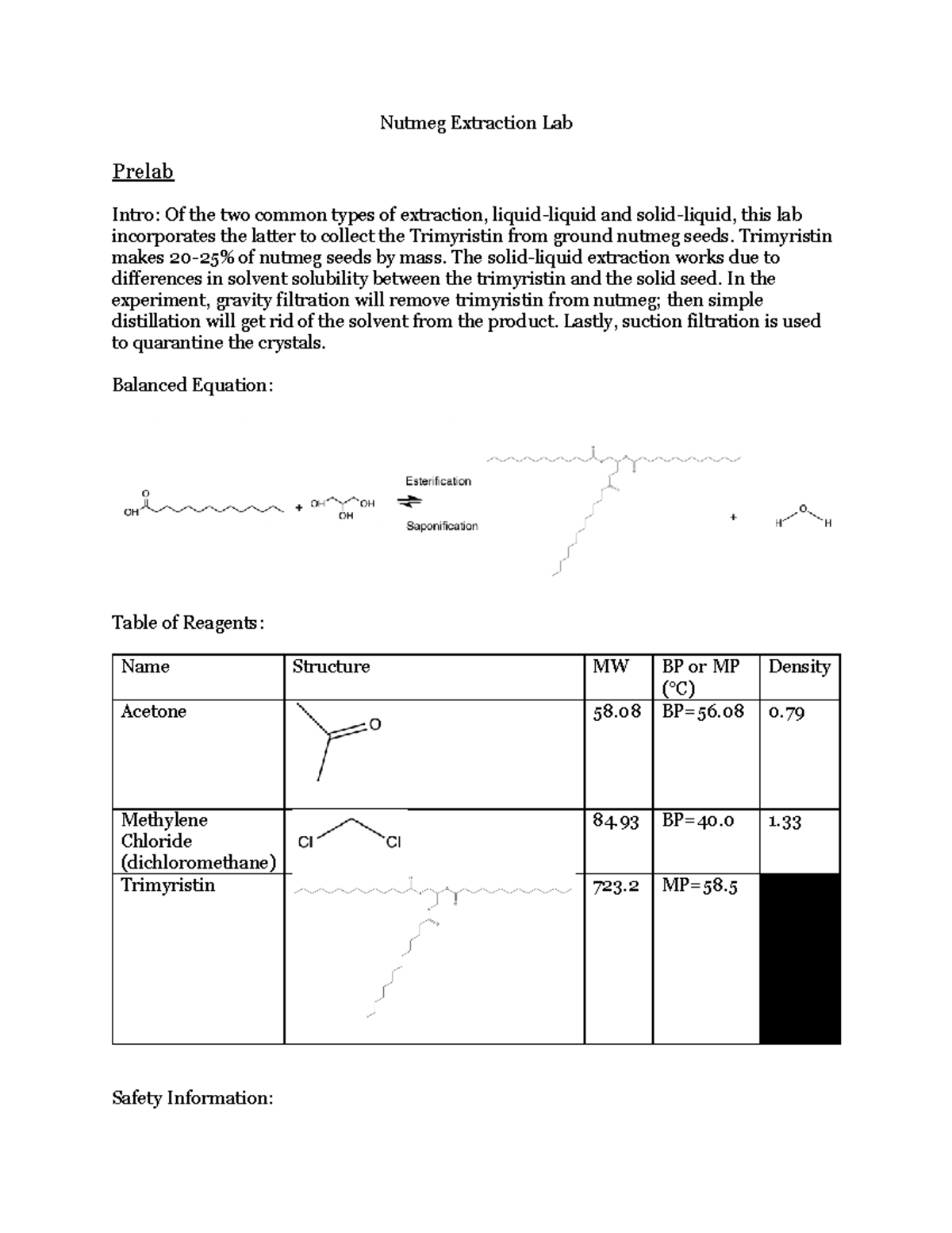 Nutmeg Extraction Lab Report Nutmeg Extraction Lab Prelab Intro Of