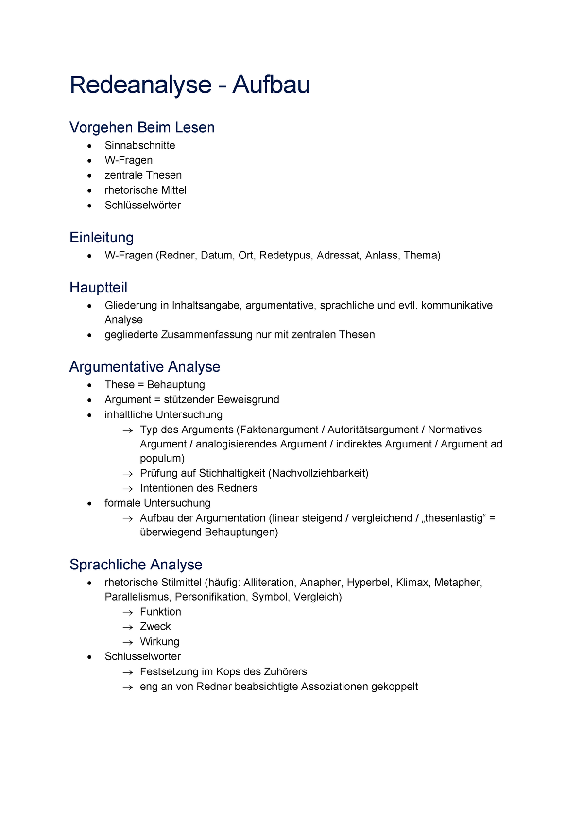 Redeanalyse Zusammenfassung - Redeanalyse - Aufbau Vorgehen Beim Lesen  Sinnabschnitte W-Fragen - Studocu